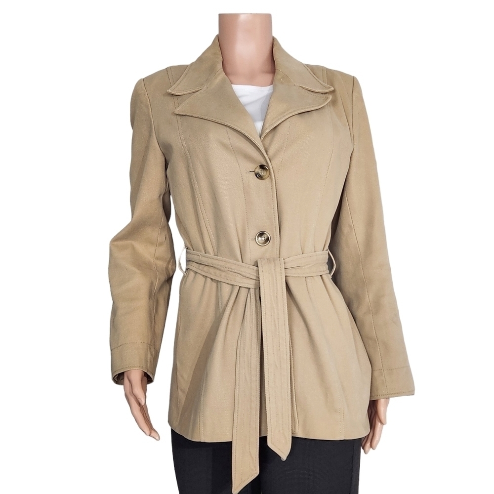 NEW York & Company Mid-Length Tan Cotton Jacket - Medium Coat Size: US 8 (M)